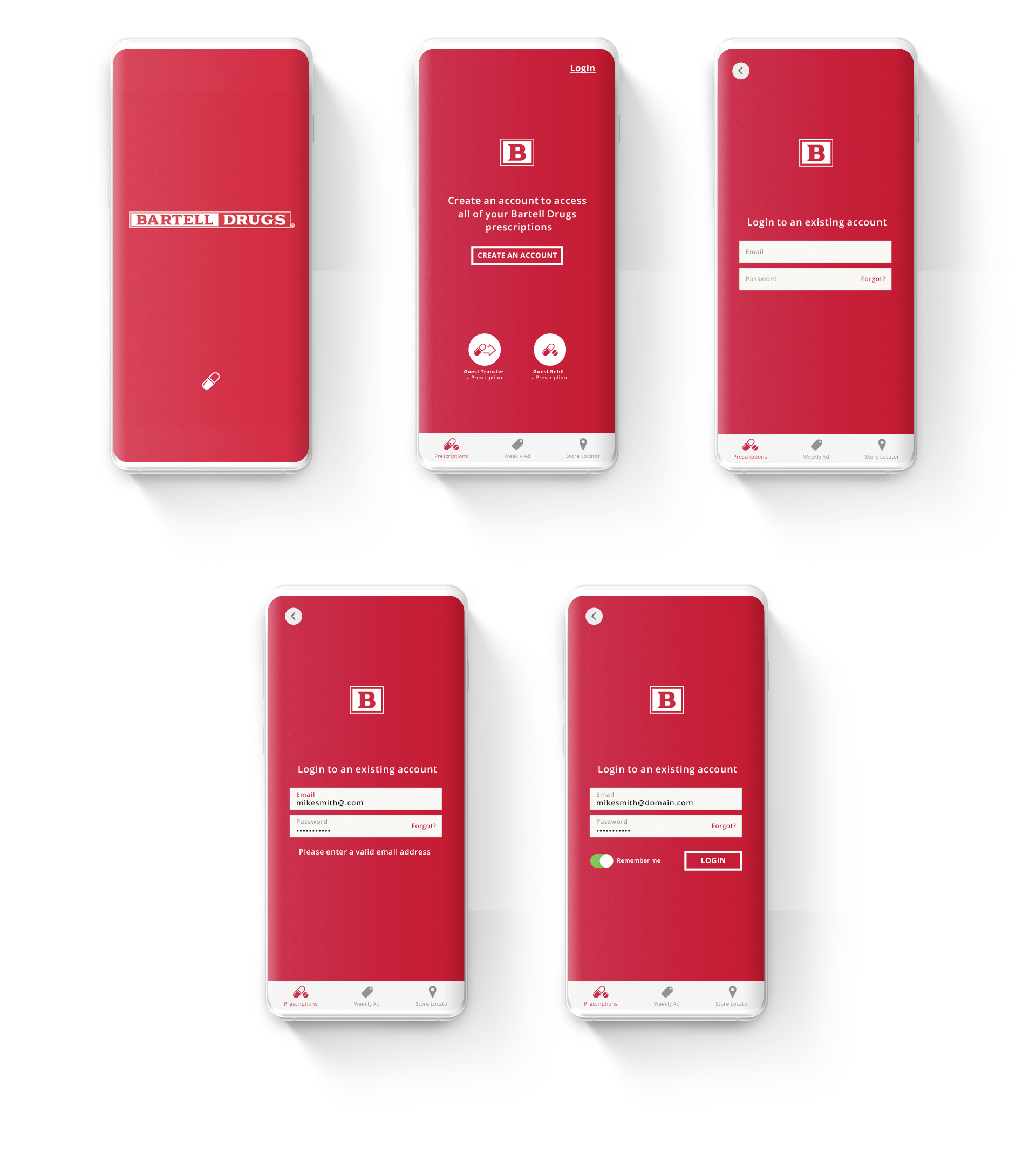 5 device images that show the loading and login phase of the Bartell Drugs app